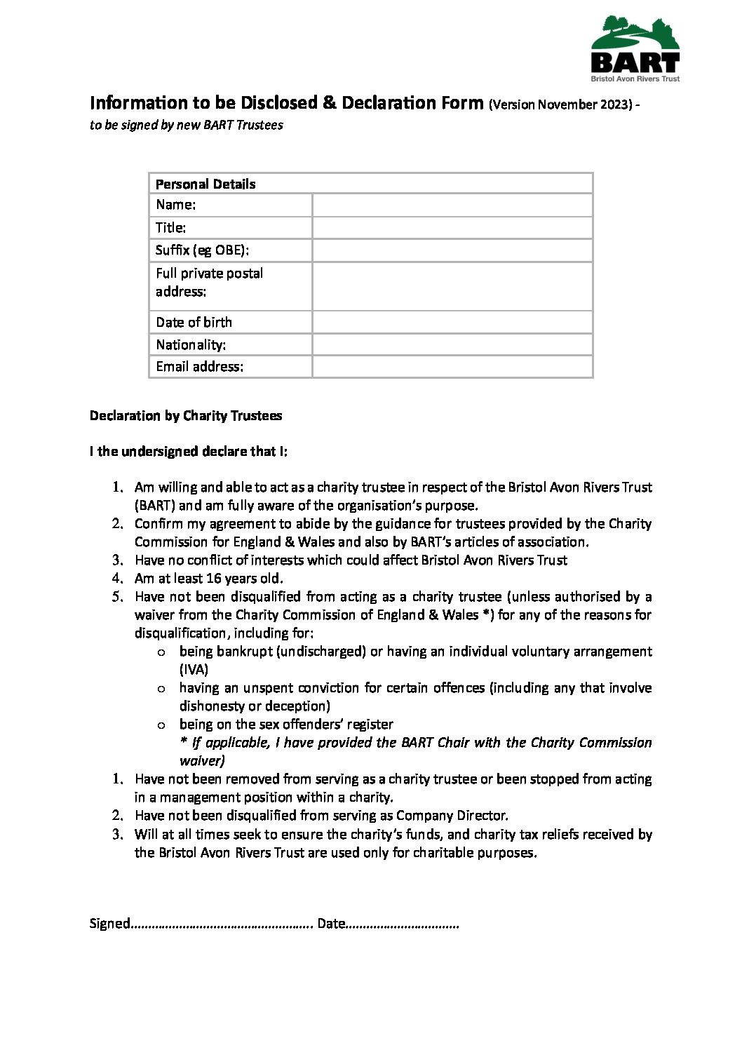 Trustee Declaration Form - Bristol Avon Rivers Trust